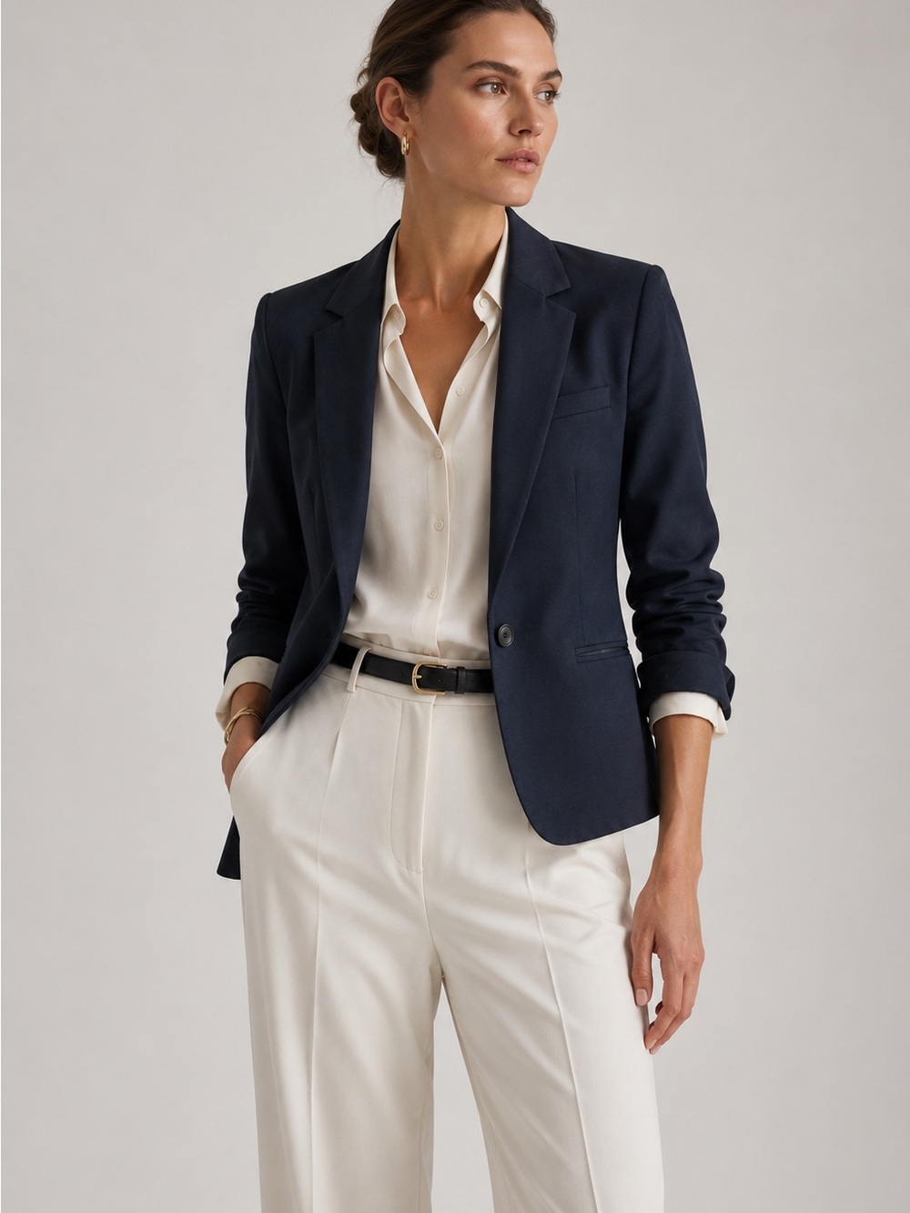 Theory 4 One-Button Stretch Cotton Blazer Jacket Navy Blue Classic Staple Chic